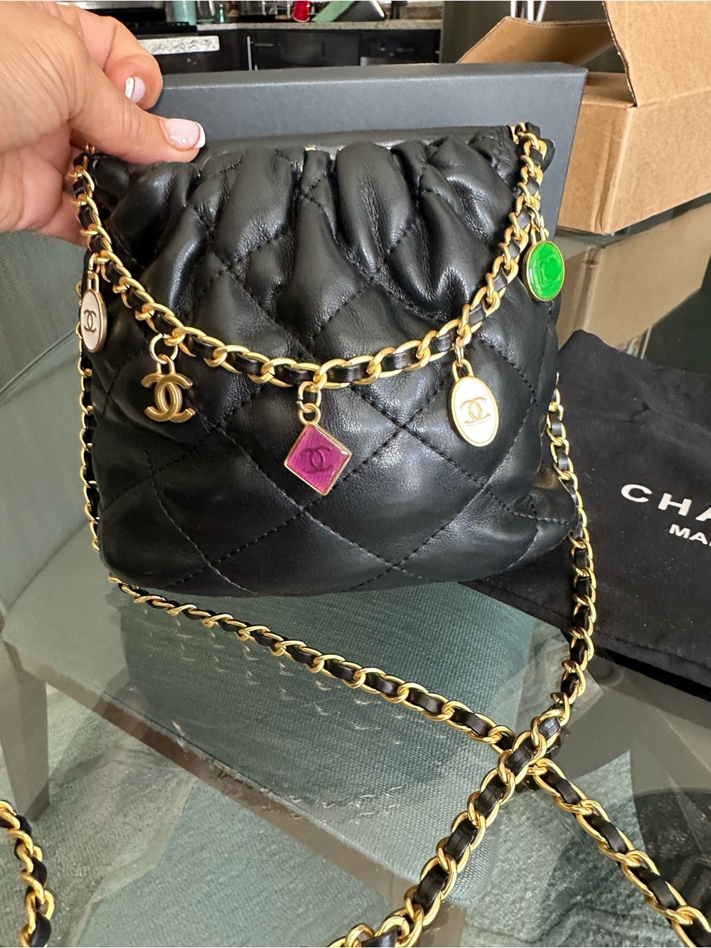 CHANEL VIP Gift Black Quilted Leather Crossbody Bag with Multicolor Charm Chain - Picture 10 of 13